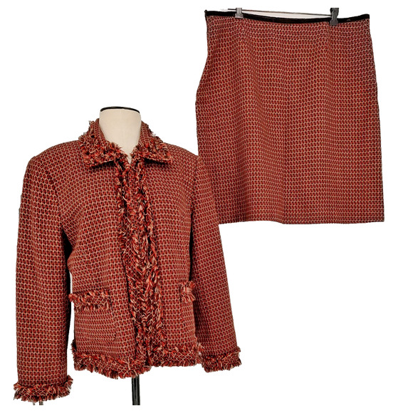 Focus 2000 Woman Orange Brown Tweed Fringe Suit Size 18 Jacket Pencil Skirt Line